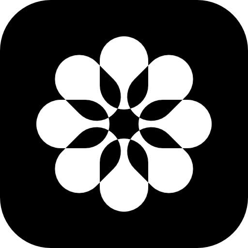 a black and white flower logo on a black background