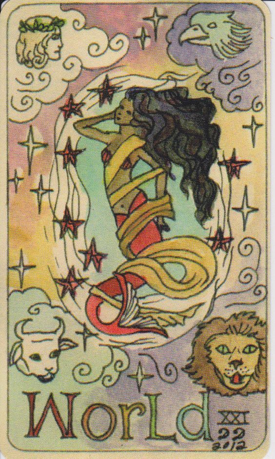 a tarot card with an image of a woman on the front and stars in the back