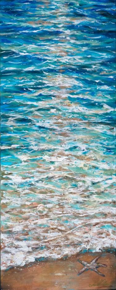 an abstract painting of the ocean with sand and starfish on it's shore