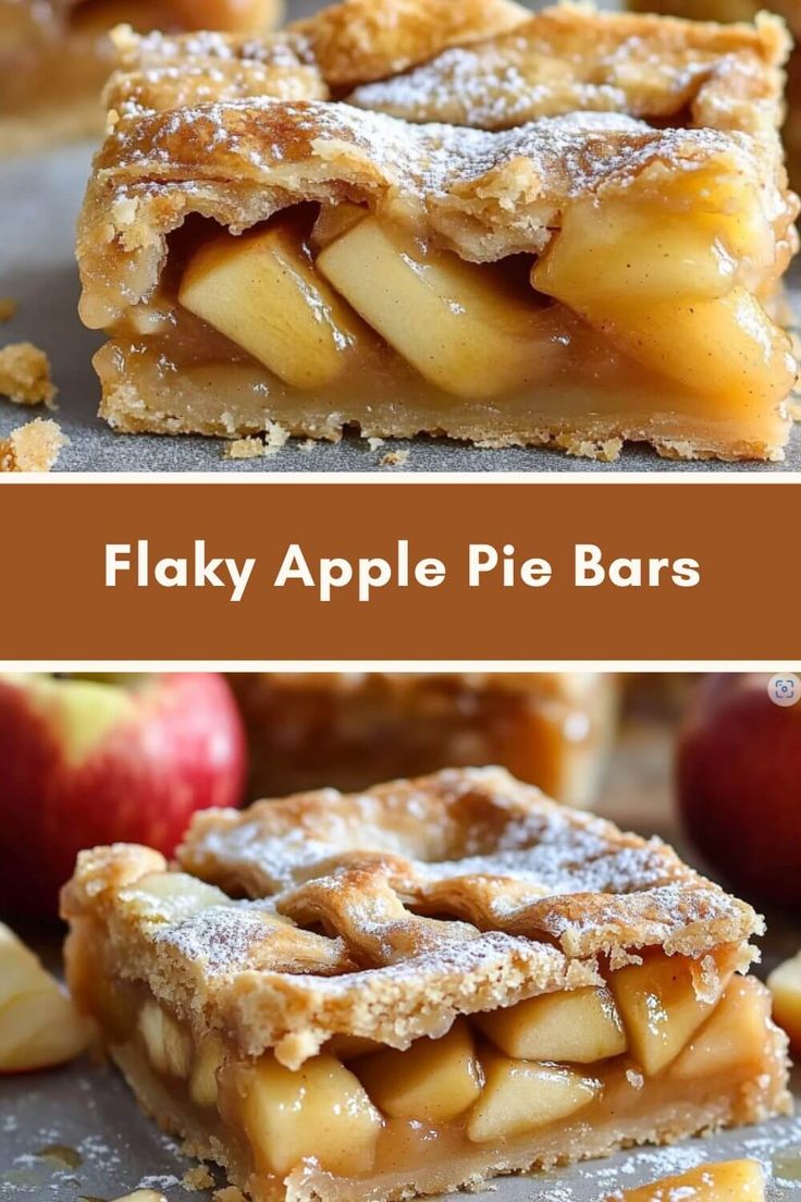 two different views of apple pie bars with apples in the background and on top, there are