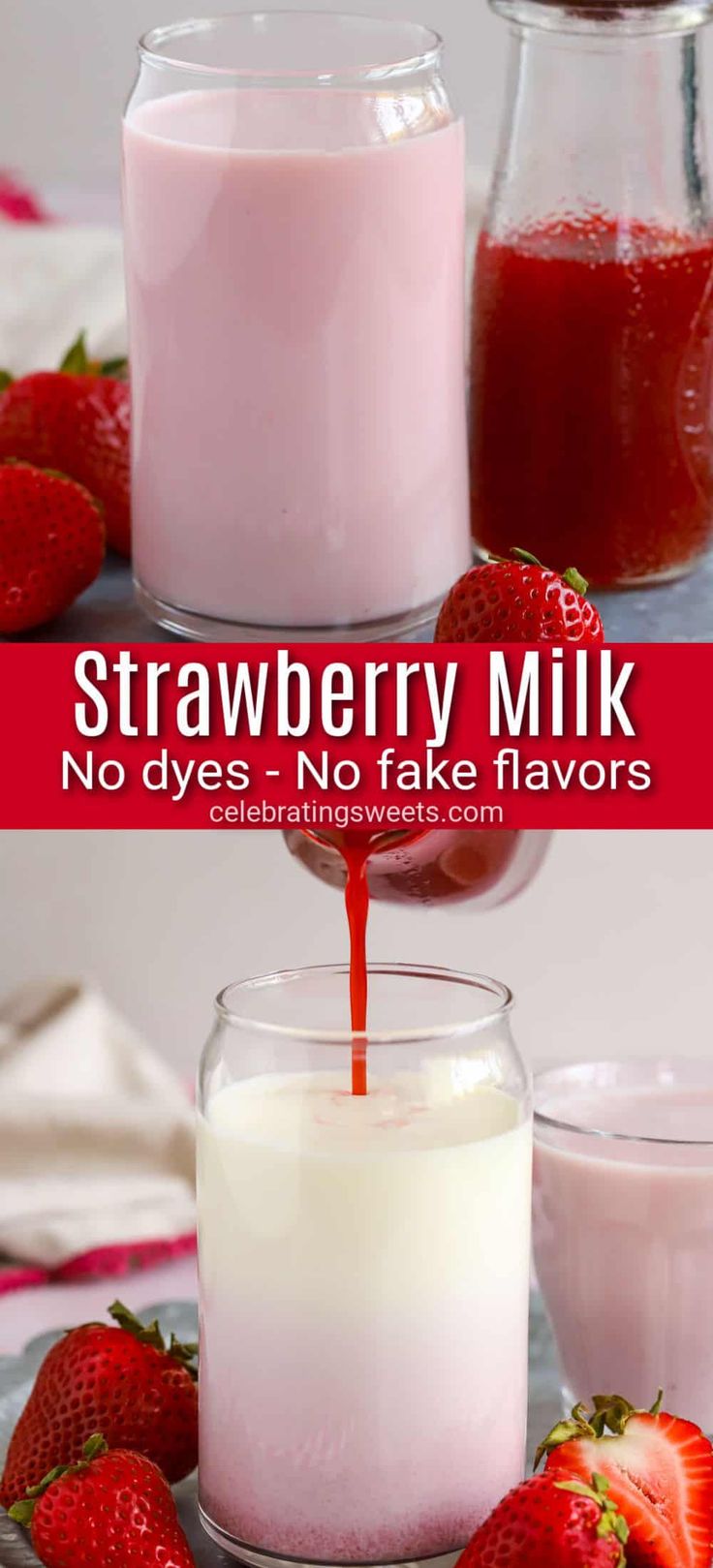 strawberry milk being poured into a glass with strawberries on the side and in front