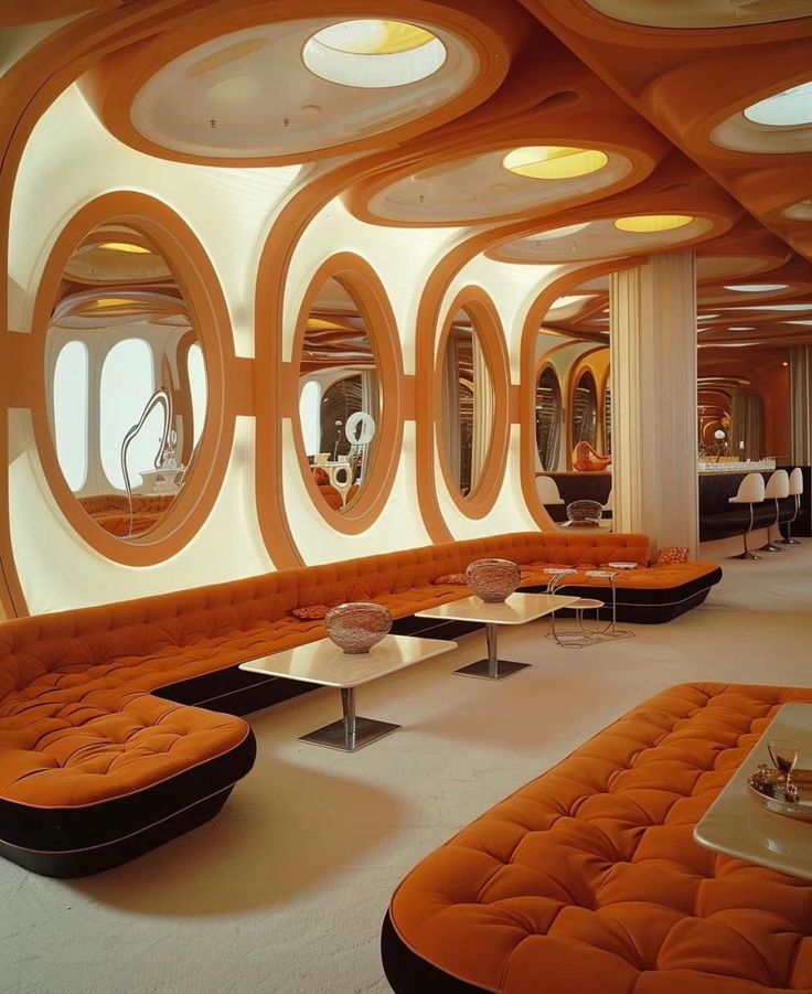 an orange and white room with round mirrors on the wall, couches and tables