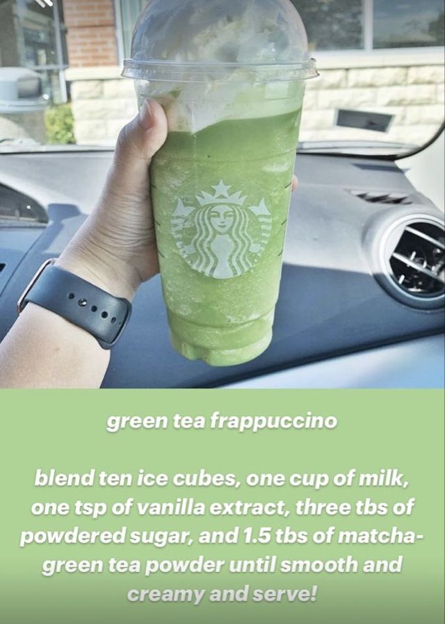 someone is holding up a starbucks drink in their hand, with the caption'green tea frappuccino blend