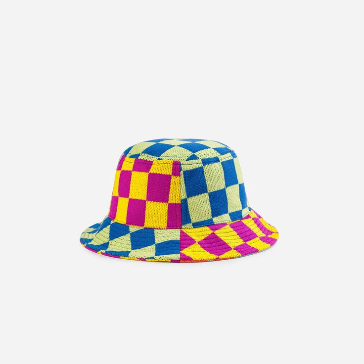 Mixed checkerboard jacquard knit bucket hat. Each hat is one of a kind – patchwork pattern placement may vary, but that's the fun of it. Details Body: 100% Acrylic Lining: 100% PolyesterMachine wash gentle, lay flat to reshape and dry8.5"w, 3.5"h, 2.25" brim Retro Multicolor Bucket Hat For Summer, Trendy Multicolor Bucket Hat With Short Brim, Trendy Multicolor Bucket Hat With Curved Brim, Trendy Multicolor Curved Brim Bucket Hat, Multicolor Bucket Hat For The Beach, Fun Multicolor Bucket Hat With Short Brim, Multicolor Bucket Hat With Short Brim, Multicolor Bucket Hat For Beach, Playful Multicolor Short Brim Hat