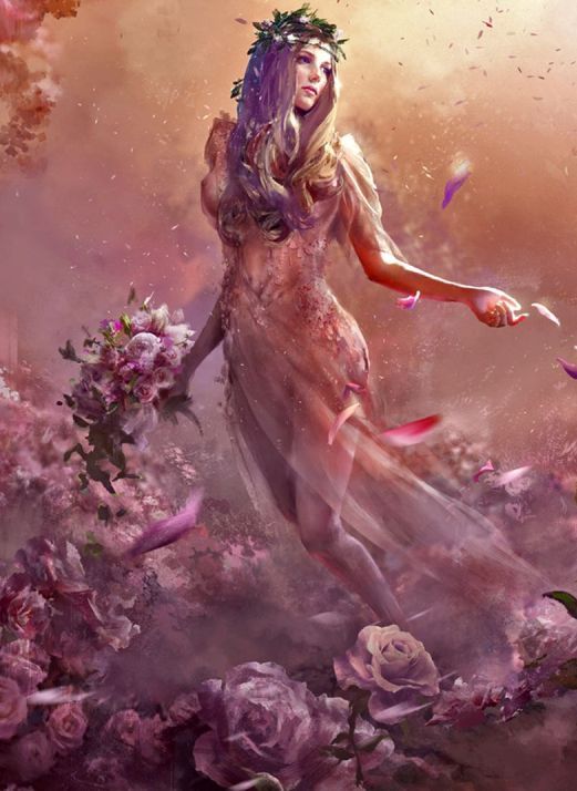 a woman in a dress surrounded by pink flowers and butterflies, with her hands out to the side