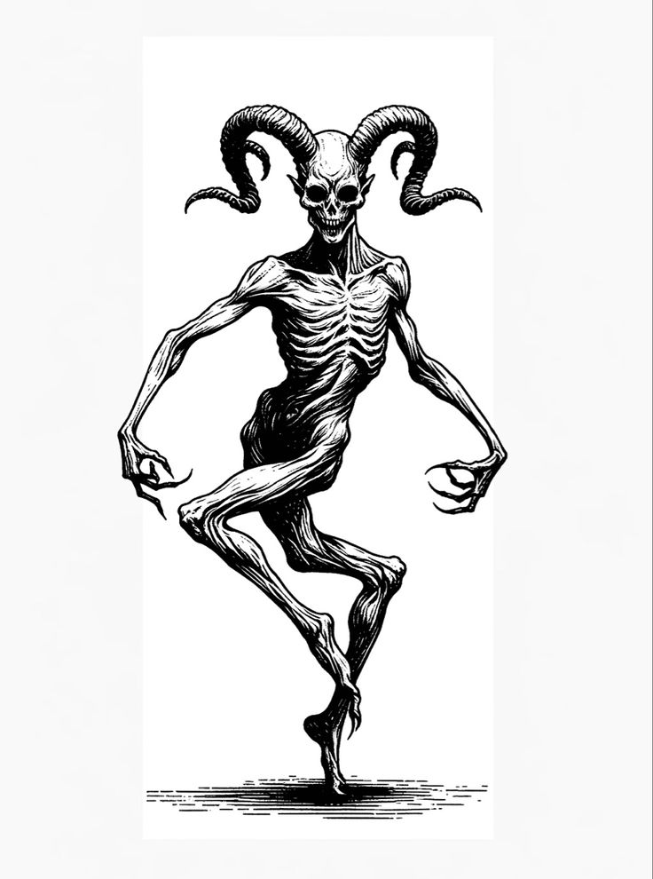 a black and white drawing of a demon with horns on it's head, running