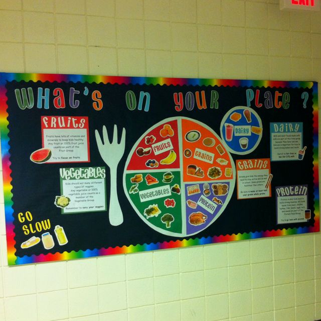 a bulletin board on the wall in a school cafeteria with food and words written below it