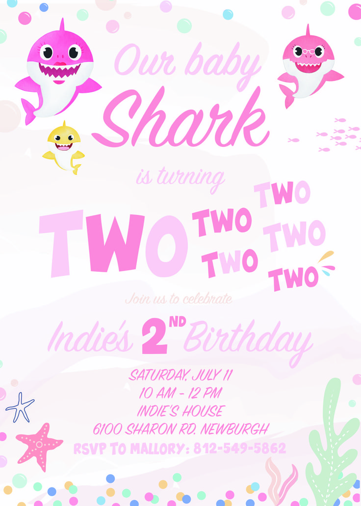 a baby shark birthday party card with pink and blue polka dots, under the sea theme