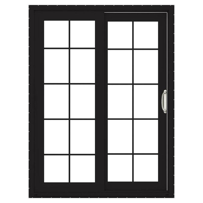 an image of a double glass door with black frame and white trims on the side