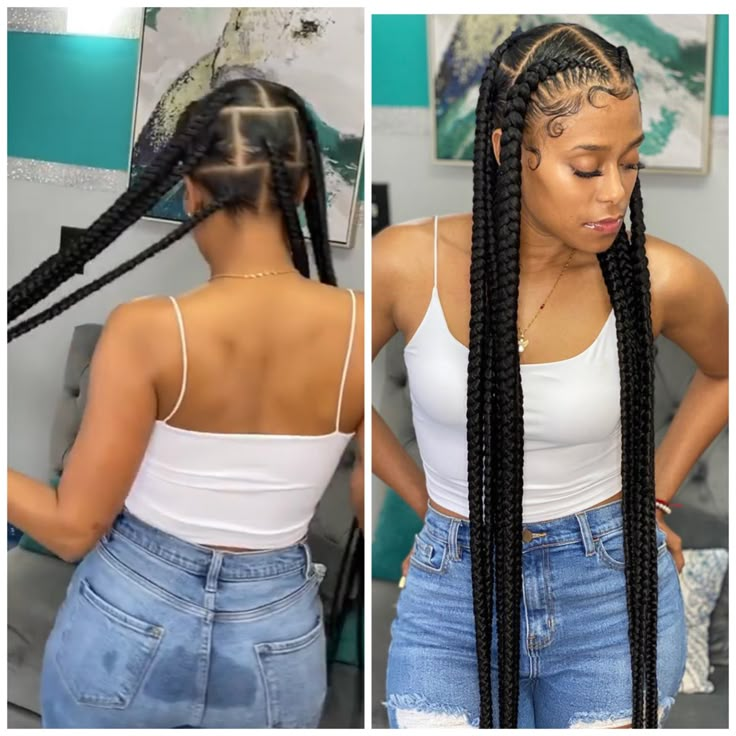 5 Box Braids Hairstyles, Jumbo Half Up Half Down Braids, 2 Braids With Knotless In The Back, Simple Braids With Weave, French Braid Styles For Black Women, Two Braid Styles For Black Hair, 4 Box Braids Hairstyles, Half Up Half Braided Hairstyles, Four Braids Cornrow Natural Hair