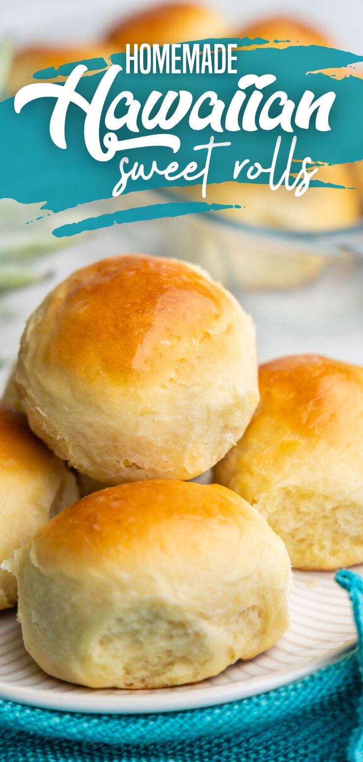 A close up view of a plate of 4 Hawaiian Sweet Rolls stacked on top of each other. Easy Hawaiian Rolls Recipe, Hawaiian Bread Rolls, Bread With Cheese, Fruit Juice Packaging, Hawaiian Bread, Sweet Roll Recipe, Simple Pantry, Christmas Bread, Hawaiian Sweet Rolls