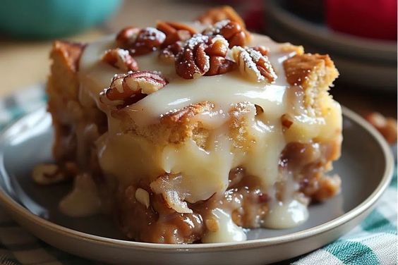 a slice of pecan pie on a plate with some frosting and pecans