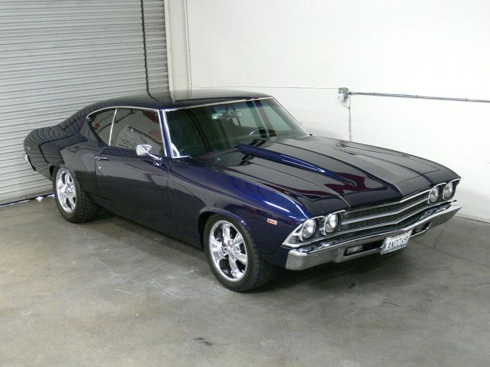 a blue car parked in a garage next to a white wall with roller doors on it