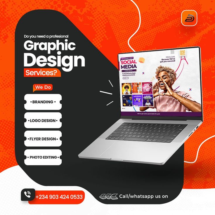 an advertisement for graphic design services with a laptop on the screen and text below it