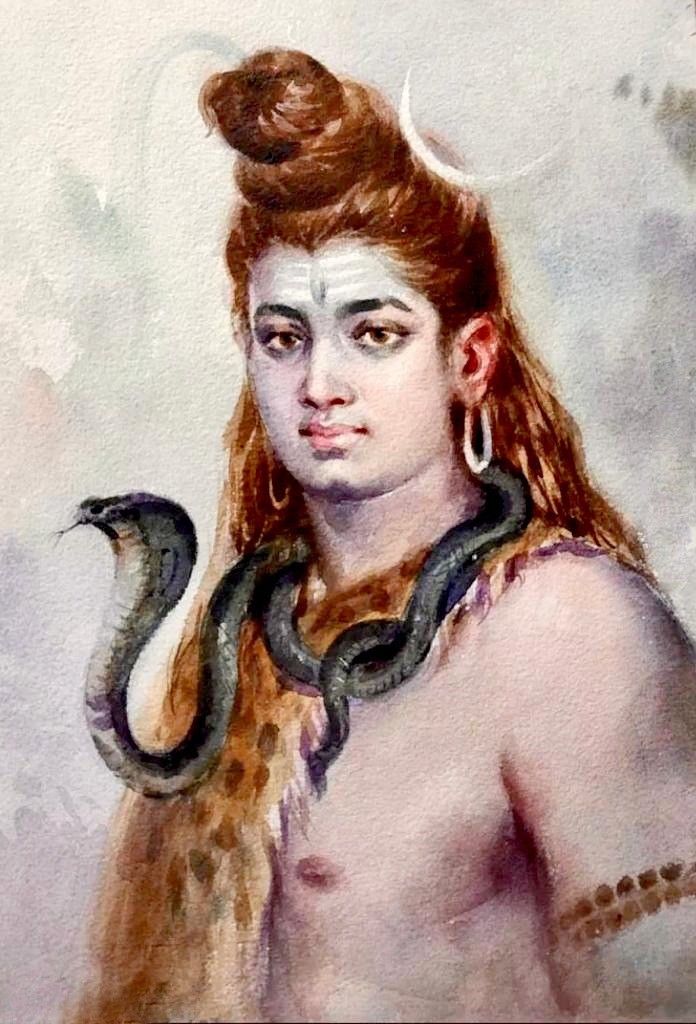 a painting of a man with a snake on his shoulder and hair in the shape of a head