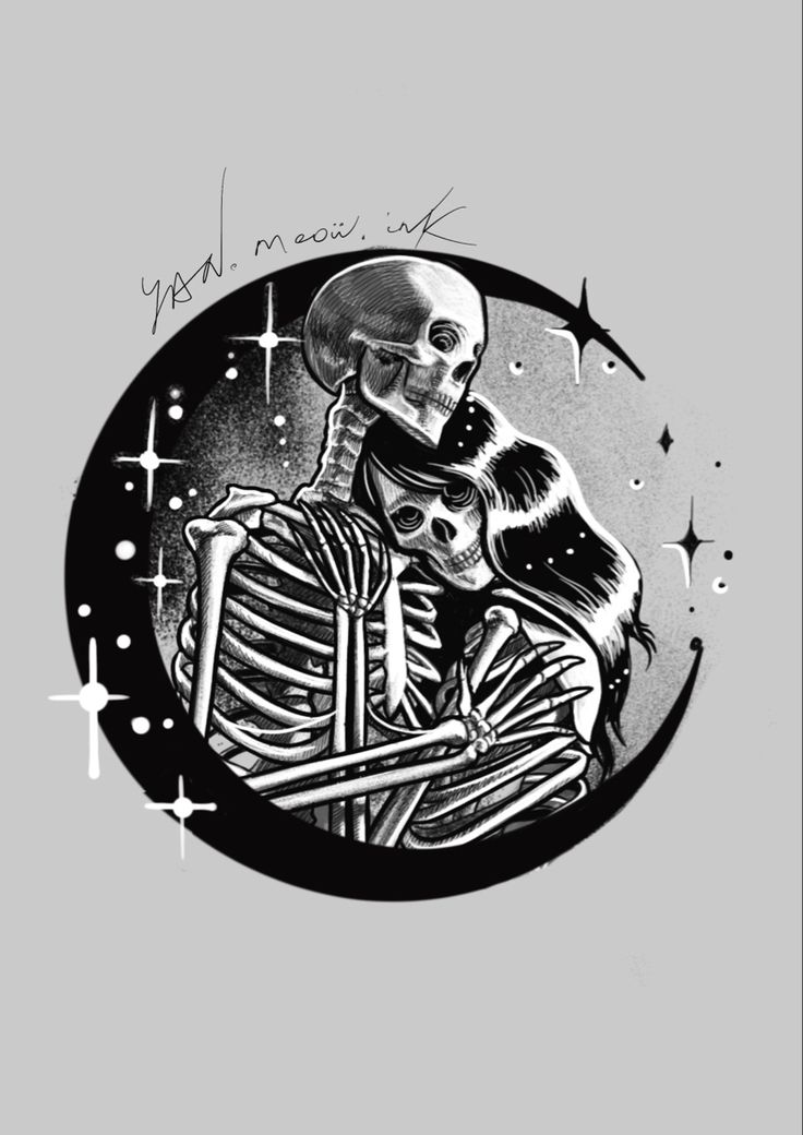 a black and white drawing of a skeleton hugging a woman with stars in the background