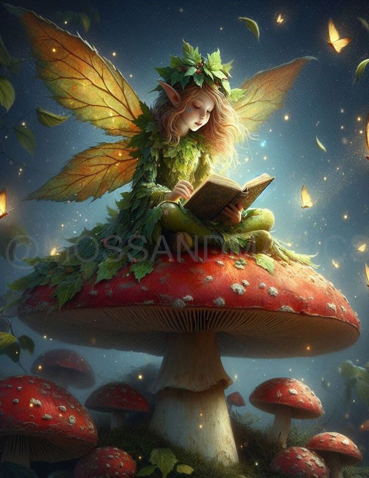 a fairy sitting on top of a mushroom reading a book