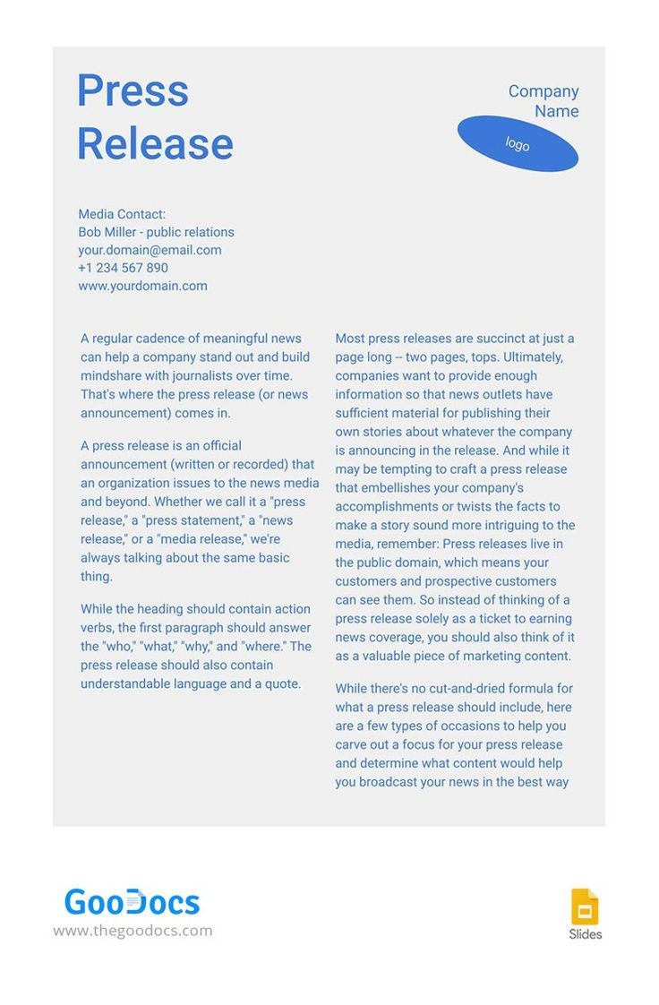 a white and blue brochure with the words press release written in bold font