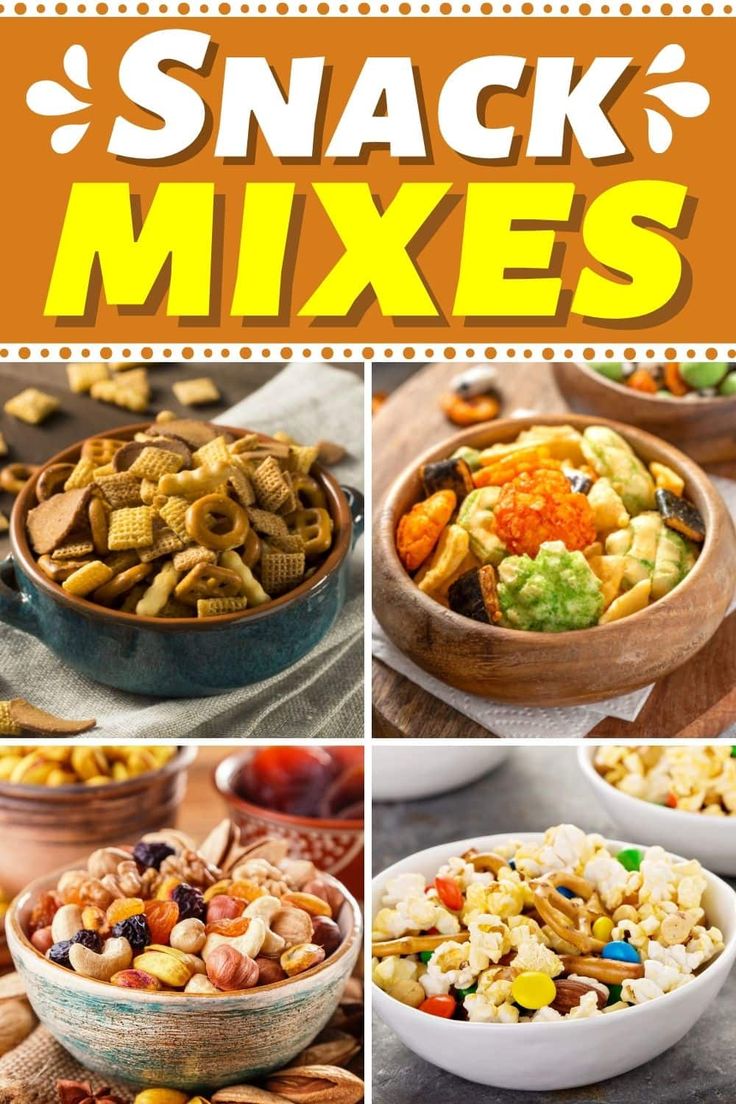 the cover of snack mixes is shown in four different pictures, including nuts and cereals