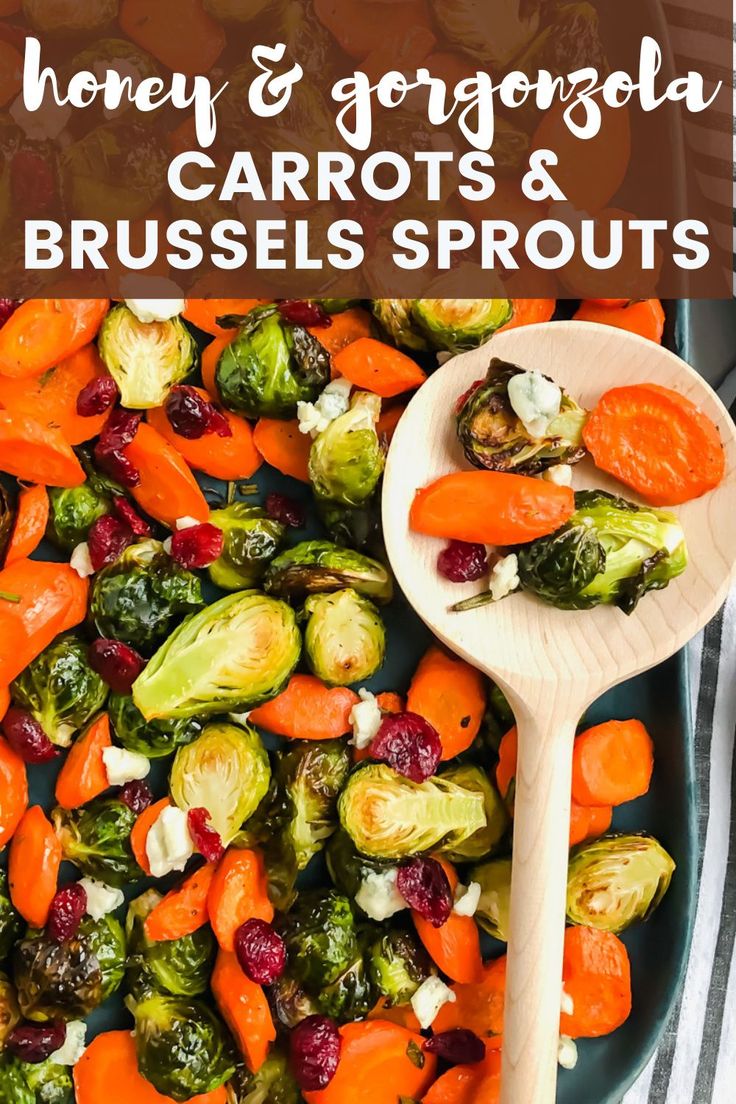 brussel sprouts and carrots in a bowl with a wooden spoon