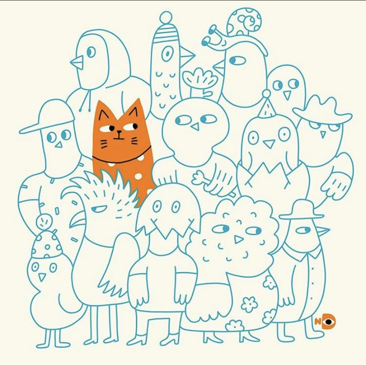 an orange cat surrounded by many different cartoon characters