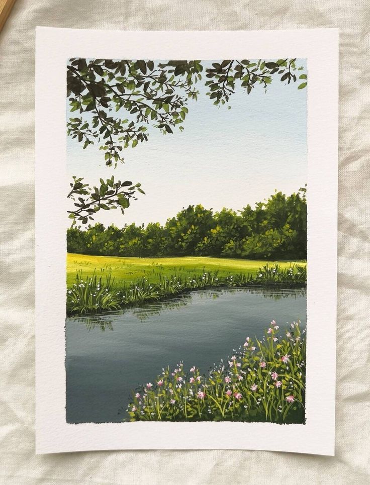 a painting of a lake surrounded by green grass and wildflowers in the foreground