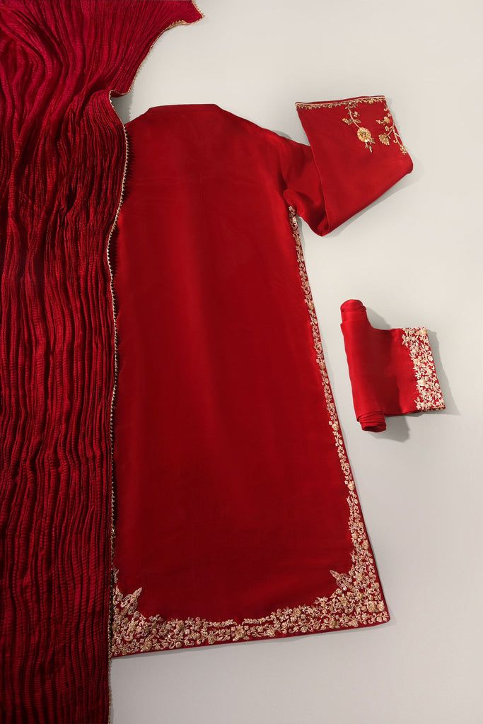 Shamdaani | Aghanoor Bridal Katan Silk Sharara With Dabka Work, Katan Silk Sharara With Dabka Work And Straight Kurta, Red Bollywood Unstitched Dola Silk Suit, Red Bollywood Style Unstitched Dola Silk Suit, Unstitched Salwar Kameez With Dabka Work In Katan Silk, Traditional Drape Dupatta With Dabka In Chinon, Traditional Drape Chinon Dupatta With Dabka, Traditional Drape Chinon Dupatta With Dabka Detailing, Elegant Unstitched Diwali Suit In Shantoon