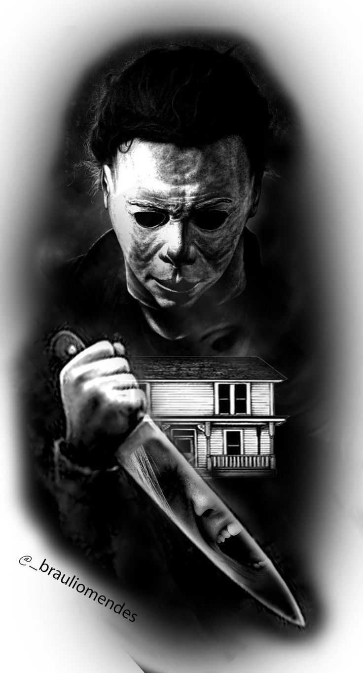 a black and white photo of a man holding a knife in front of a house