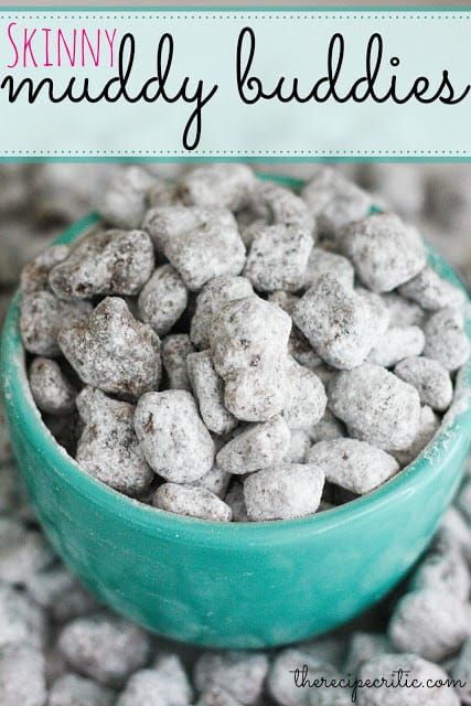 a blue bowl filled with muddy buddies