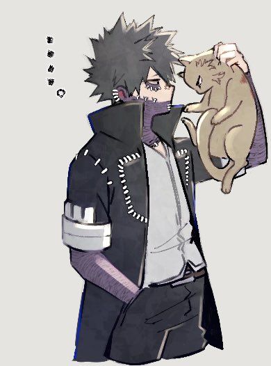 an anime character holding a cat in his right hand and wearing a jacket with spikes on it