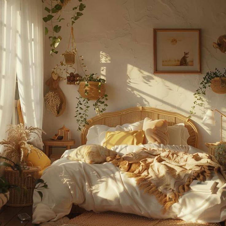 an unmade bed in a room with plants on the wall and sunlight streaming through the window