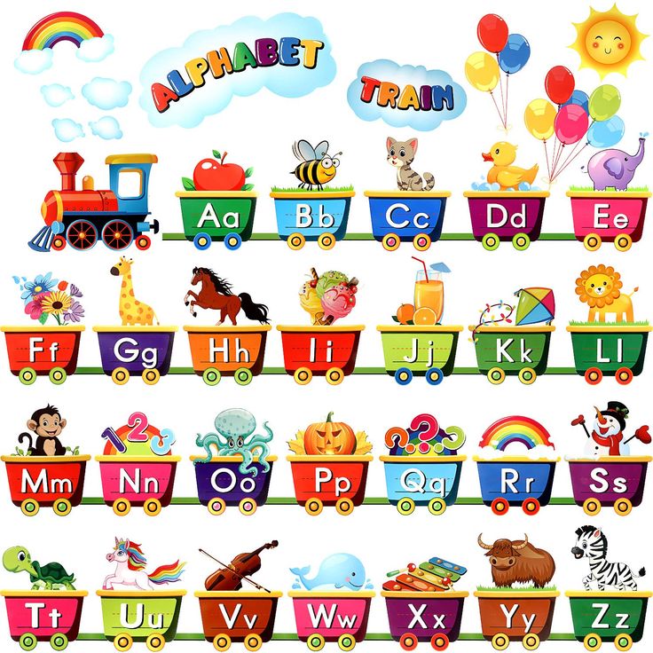 an alphabet train with animals and letters on it