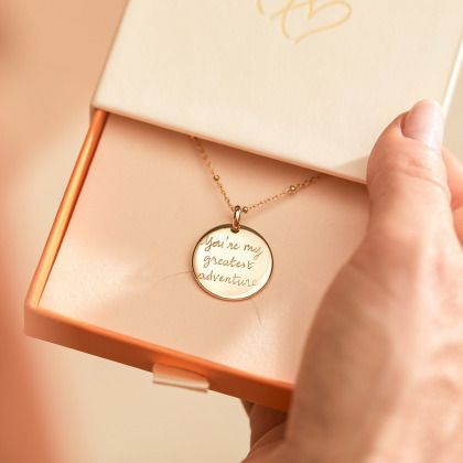 Personalized Signature Disc Necklace | Merci Maman Mini Charm, Disc Necklace, Mini Heart, Engraved Necklace, Champagne Gold, Memorable Moments, Metal Necklaces, Star Charms, Gold Plated Chains