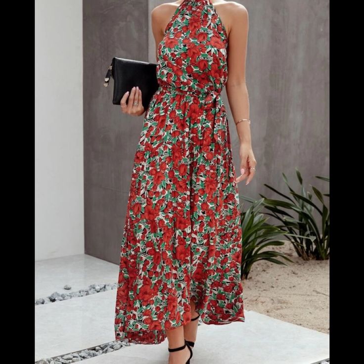 Maxi Dress Casual Floral Maxi Dress For Party, Casual Maxi Floral Dress For Party, Casual Maxi Length Floral Dress For Party, Casual Floral Print Sleeveless Party Dress, Red Sleeveless Dress For Spring Date Night, Red Sleeveless Dress For Date Night In Spring, Chic Sleeveless Maxi Dress For Garden Party, Elegant Floral Print Sleeveless Dress For Brunch, Elegant Sleeveless Floral Dress For Brunch