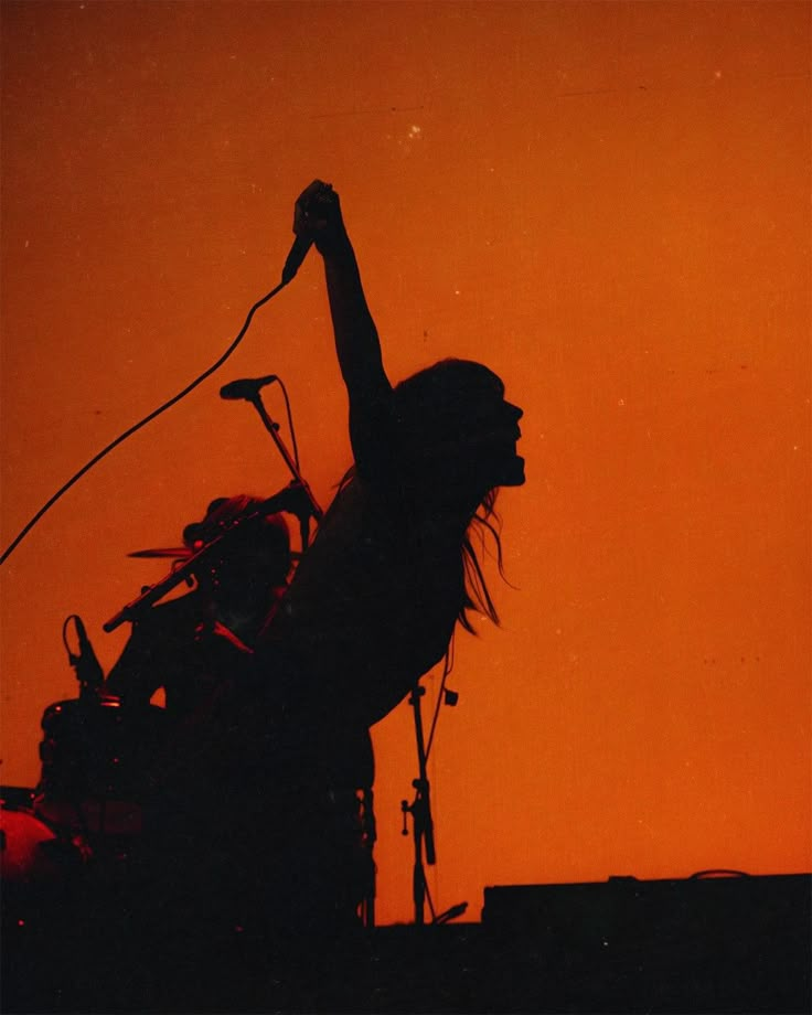 the silhouette of a woman holding a microphone in front of an orange sky