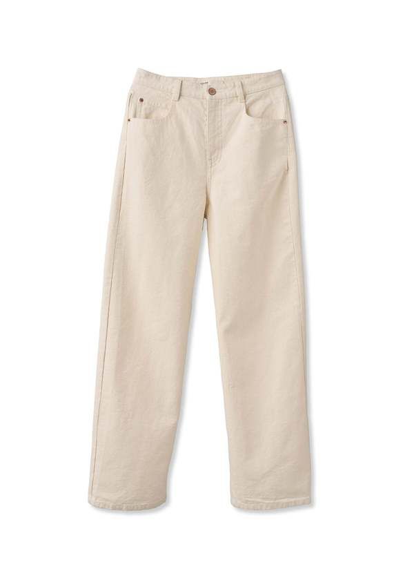 The pair are made of a softly cotton canvas and have a 5-pocket construction including jean style grommet detailing. set for a wide baggy leg the pants taper in at the hip for a flattering fit and feature belt loops and a zip-fly and button closure. find subtle distressing at the leg hems.    100% cotton.    model is 5ft 9" and wears size m. Fall Cotton Wide Leg Pants With Straight Hem, Cotton Wide Leg Pants With Straight Hem For Fall, Everyday Cotton Wide Leg Pants For Fall, Cream Straight Leg Jeans For Fall, Everyday Cotton Wide-leg Pants, Cream Pants With Five Pockets For Fall, Beige Wide-leg Jeans With Five Pockets, Cotton Wide Leg Pants With Belt Loops For Fall, Wide Leg Cotton Pants With Belt Loops For Fall