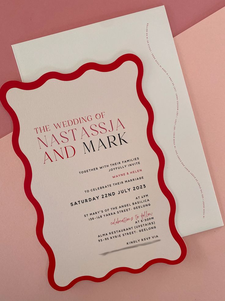 a wedding card with a red border on it and the words, the wedding of astassia and mark