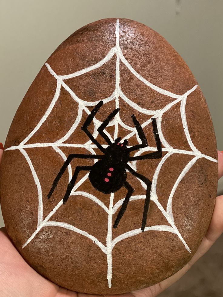 a hand holding an easter egg decorated with a spider web and black widow on it