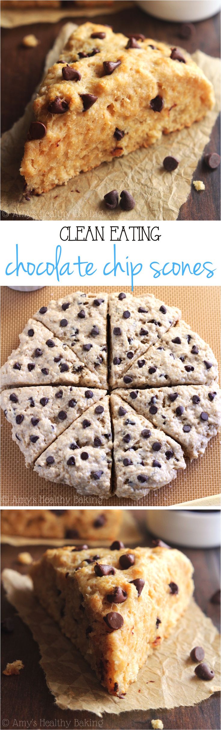 chocolate chip scones are stacked on top of each other and ready to be eaten