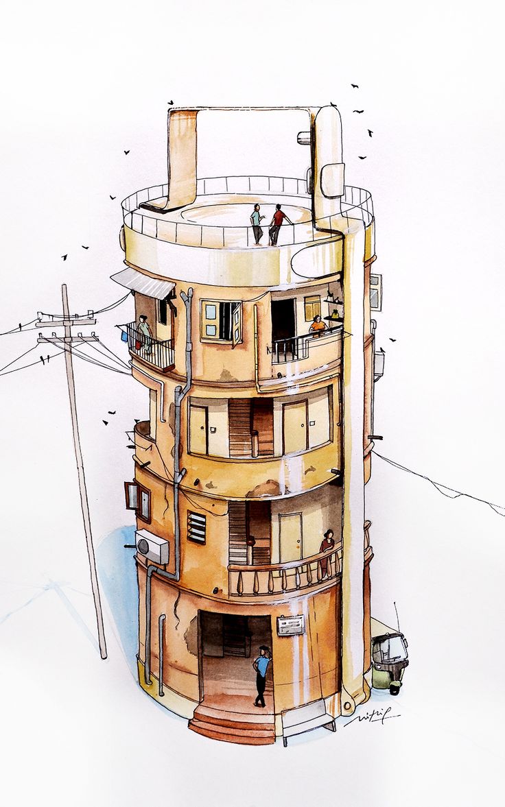 a drawing of a tall building with people standing on the top and bottom floors in front of it