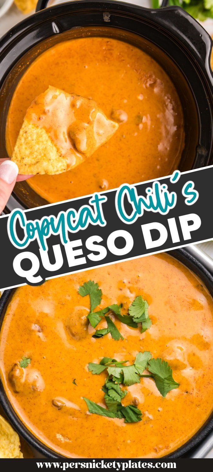 a bowl of soup with tortilla chips in it and the title overlay reads compact chili's queso dip