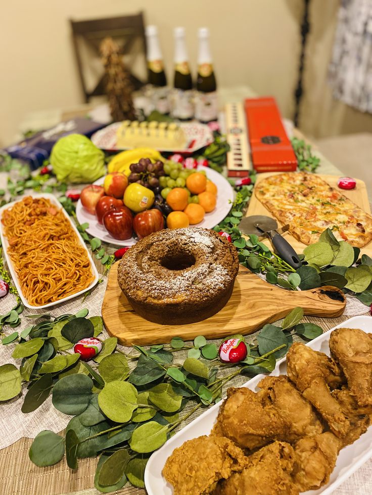 an assortment of food is on a table