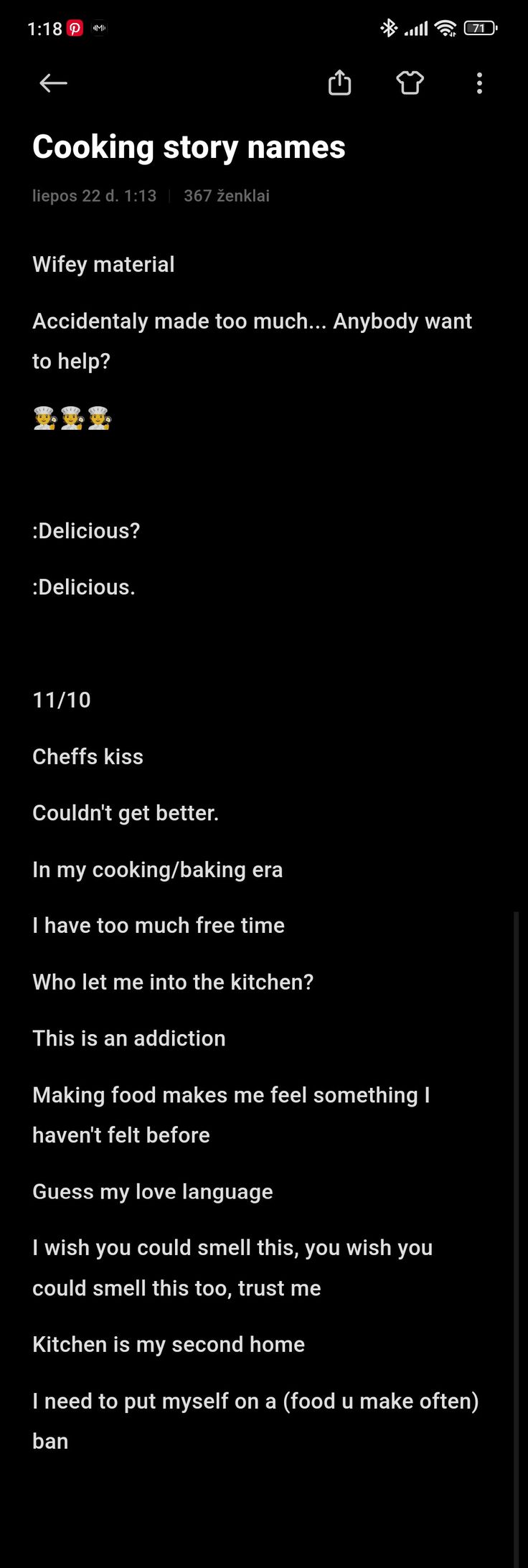 the text on the screen reads cooking story names, and it is black with gold lettering