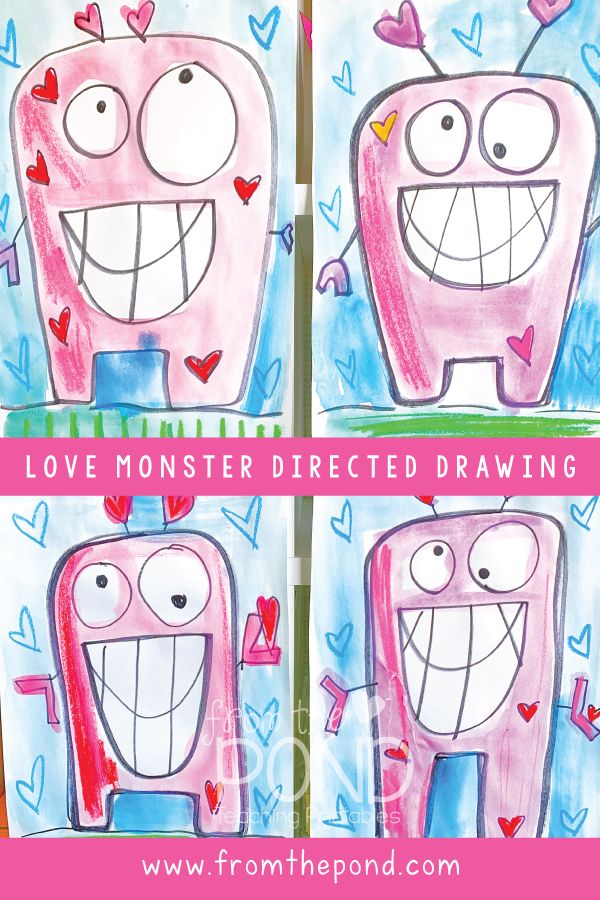 two drawings of pink monsters with hearts on them and the words love monster directed drawing