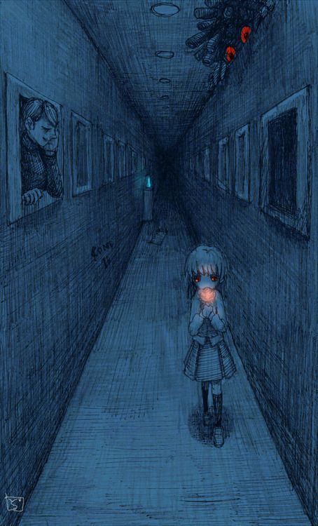 a drawing of a girl walking down a hallway with an orange light in her hand