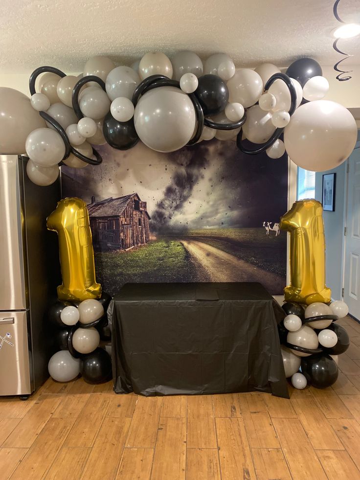 balloons and streamers are set up in front of a backdrop for a party at a house