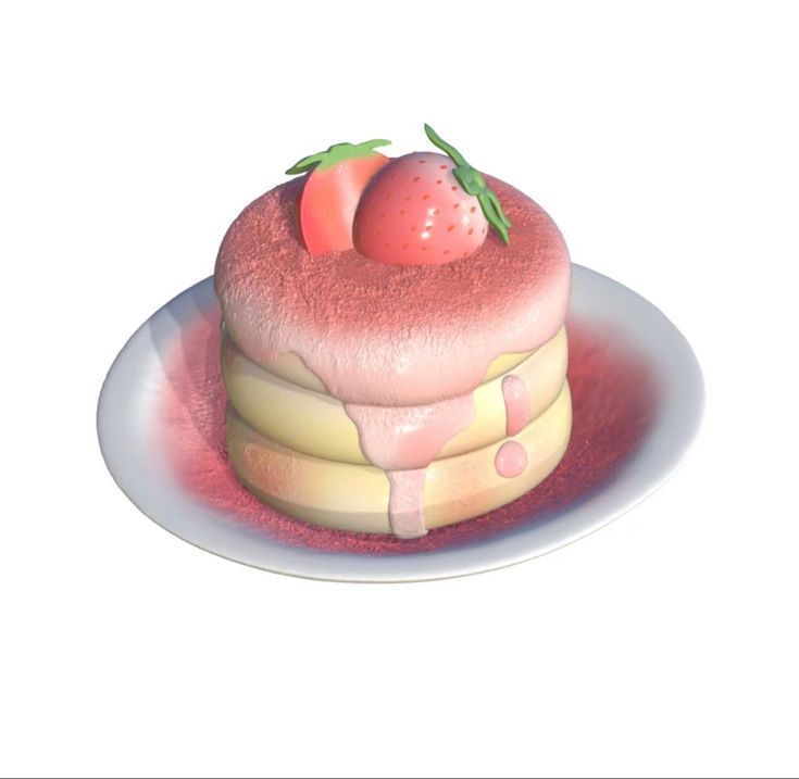 there is a cake on the plate with two strawberries on top and one strawberry on top