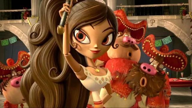 an animated image of a woman with long hair and big eyes holding a doll in her hand