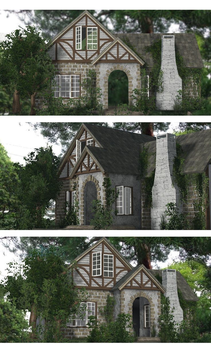 three different views of a house with ivy growing on the roof and side windows,