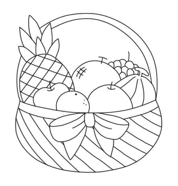 a basket filled with fruit on top of a white background, in black and white